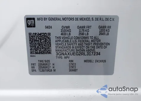 2024 Chevrolet Equinox Awd Lt z USA, uszkodzony, nr VIN 3GNAXUEG2RL317234